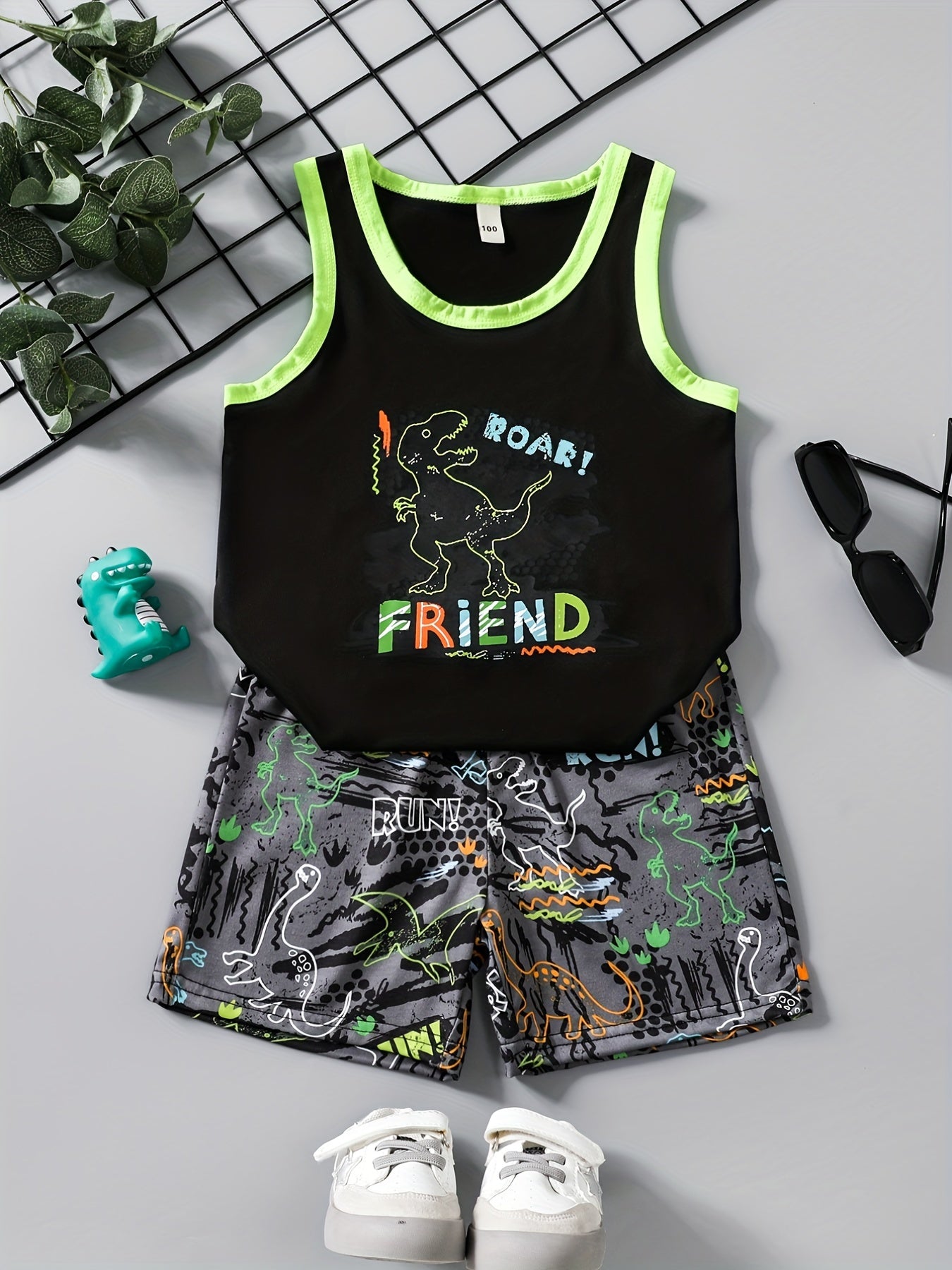 Boys Girls Casual Dinosaur Tank Top & Shorts Set for Summer