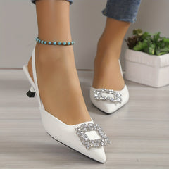 Women's Rhinestone Buckle Point Toe Slingback Cone Heel Shoes