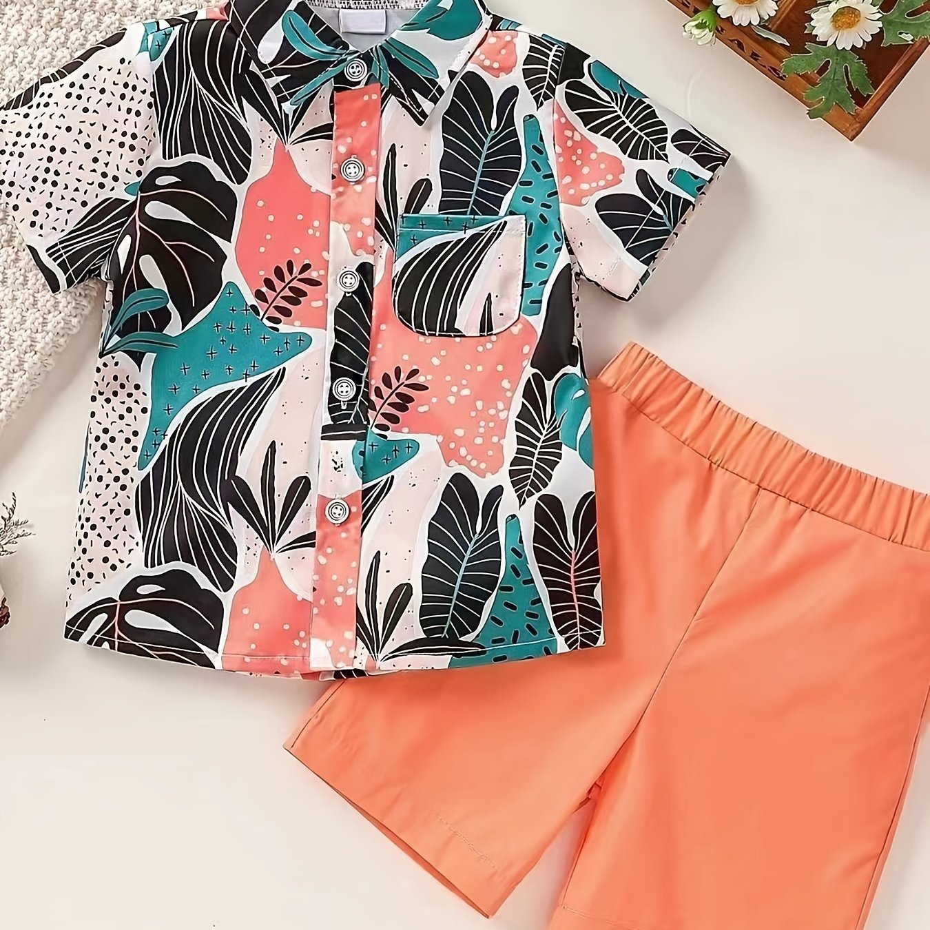 Boys Leaf Outfit Shorts & Shirt Short Sleeves Button Down