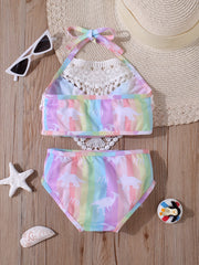 Girls Mermaid Fish Scales Swimsuit Lace Halter Bikini Swimwear