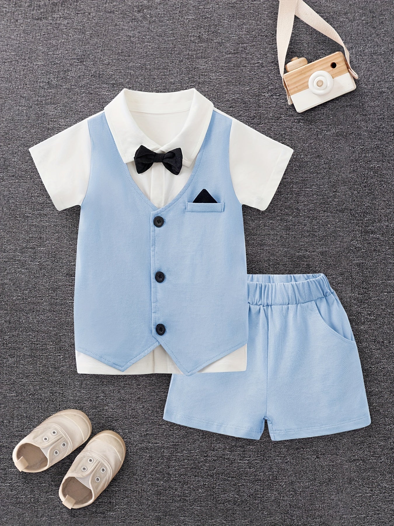 Baby Gentleman Style Cotton Suit Set Bow Tie Shirt & Shorts