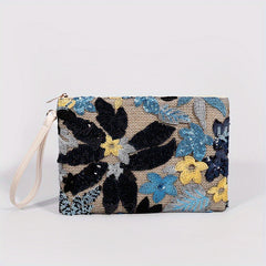 Embroidery Clutch Straw Bag Sequin Flower Handbag Women's Woven Square Purse