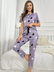 Heart Print Pajama Set Short Sleeve Crew Neck Top & Elastic Waistband Pants
