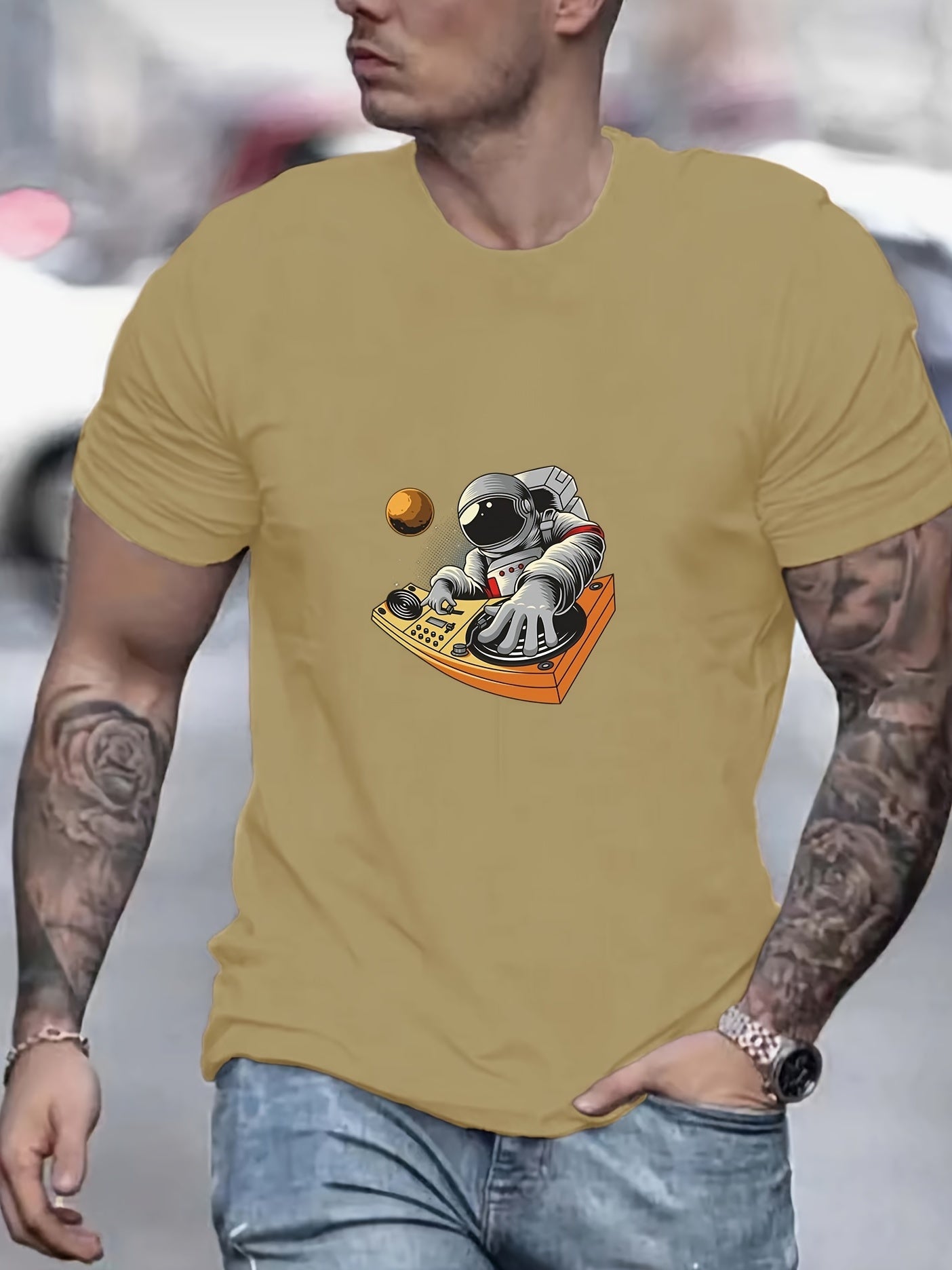 Anime DJ Astronaut Men's Graphic Crew Neck T-shirt
