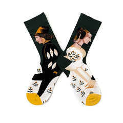4 Pairs Portrait Print Socks Women's Mid Tube Stockings