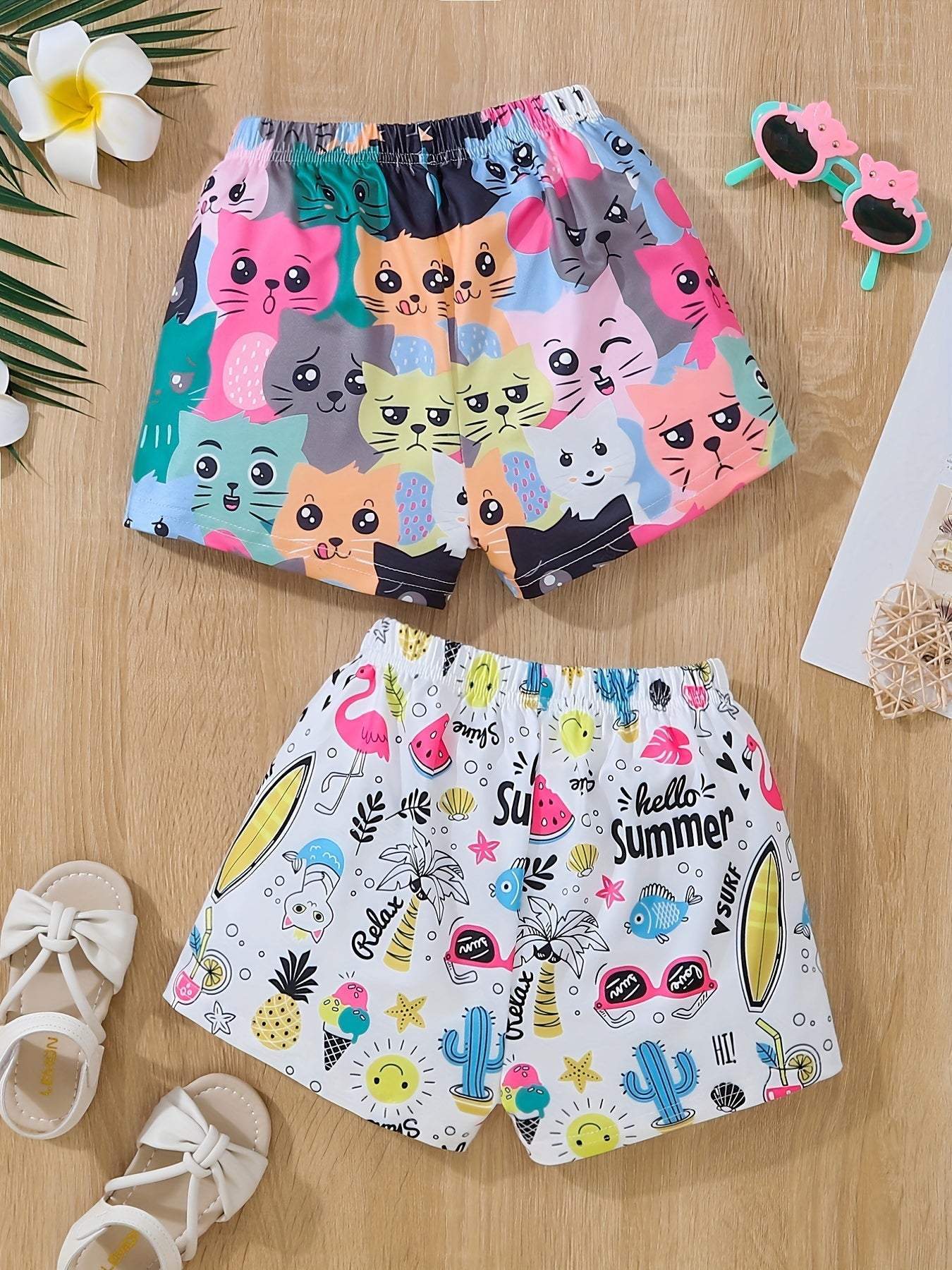 2pcs Toddler Girls Cartoon Cat Elastic Waist Shorts