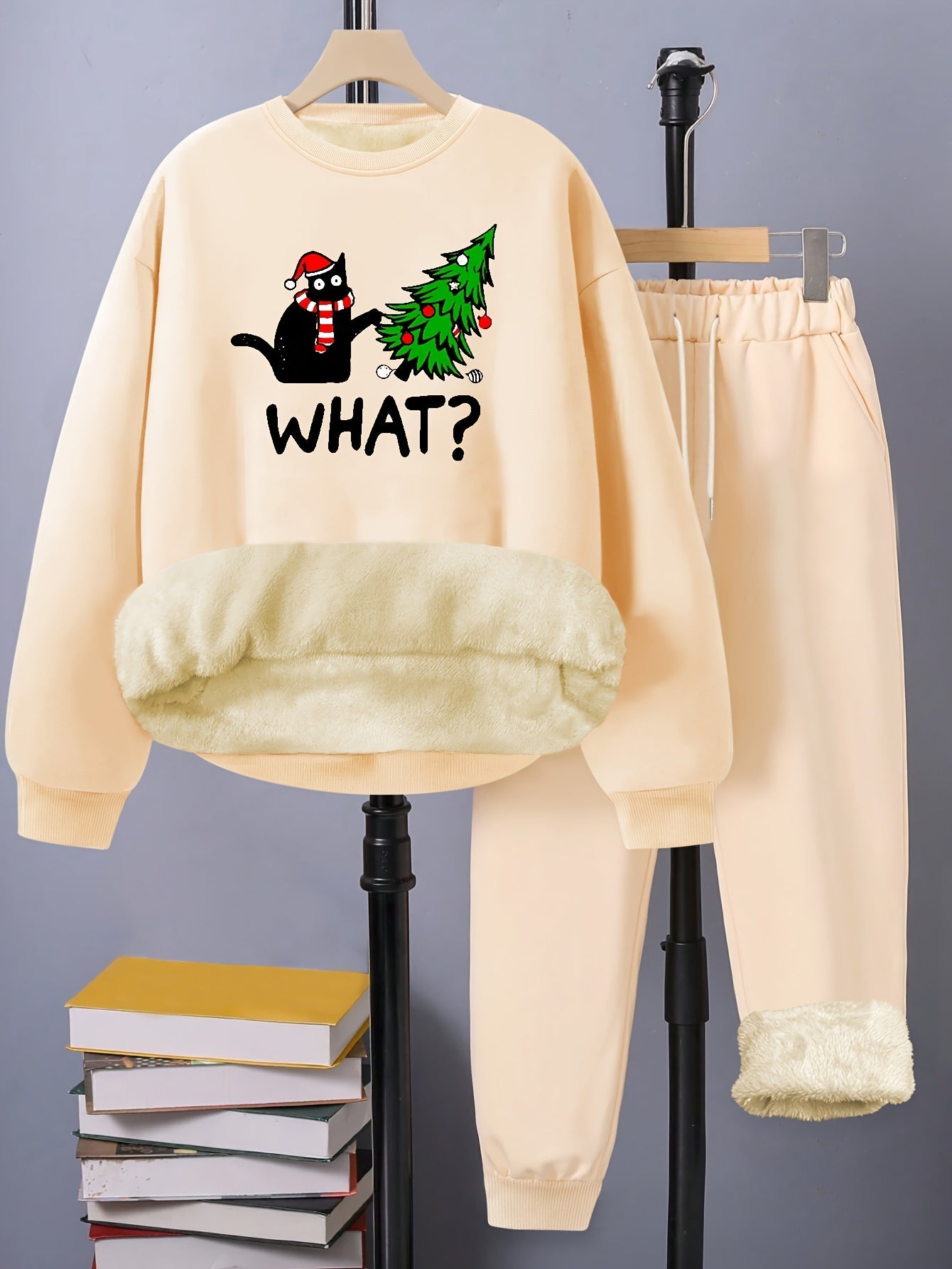 Women's Plus Size Xmas Letter Cat Tree Print Fleece Liner Top & Pants Set