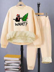 Women's Plus Size Xmas Letter Cat Tree Print Fleece Liner Top & Pants Set