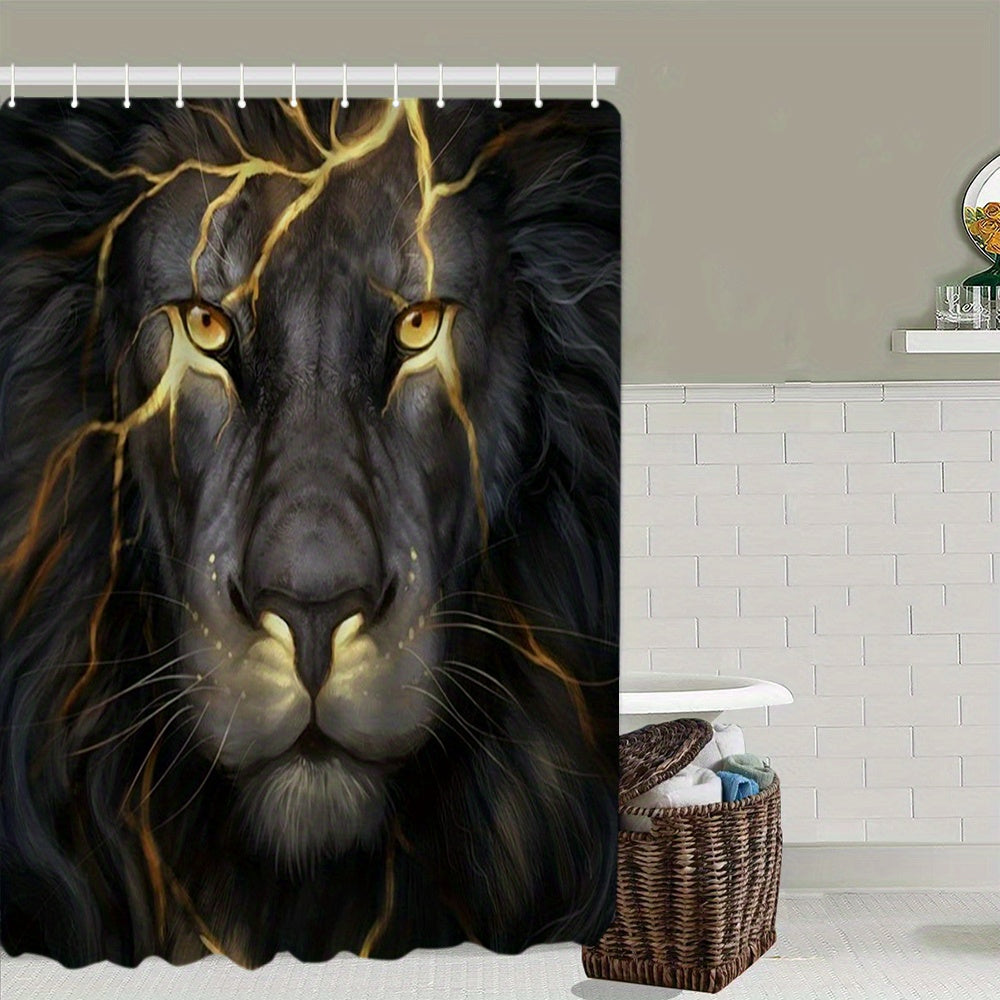 Lion Print Shower Curtain Set with 12 Hooks & Non-Slip Bathroom Rug
