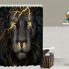 Lion Print Shower Curtain Set with 12 Hooks & Non-Slip Bathroom Rug