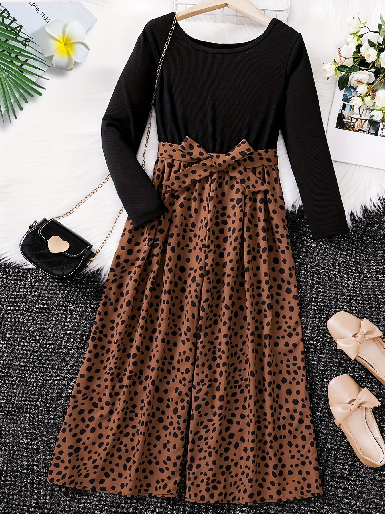 Leopard Colorblock Long Sleeve Jumpsuit for Girls