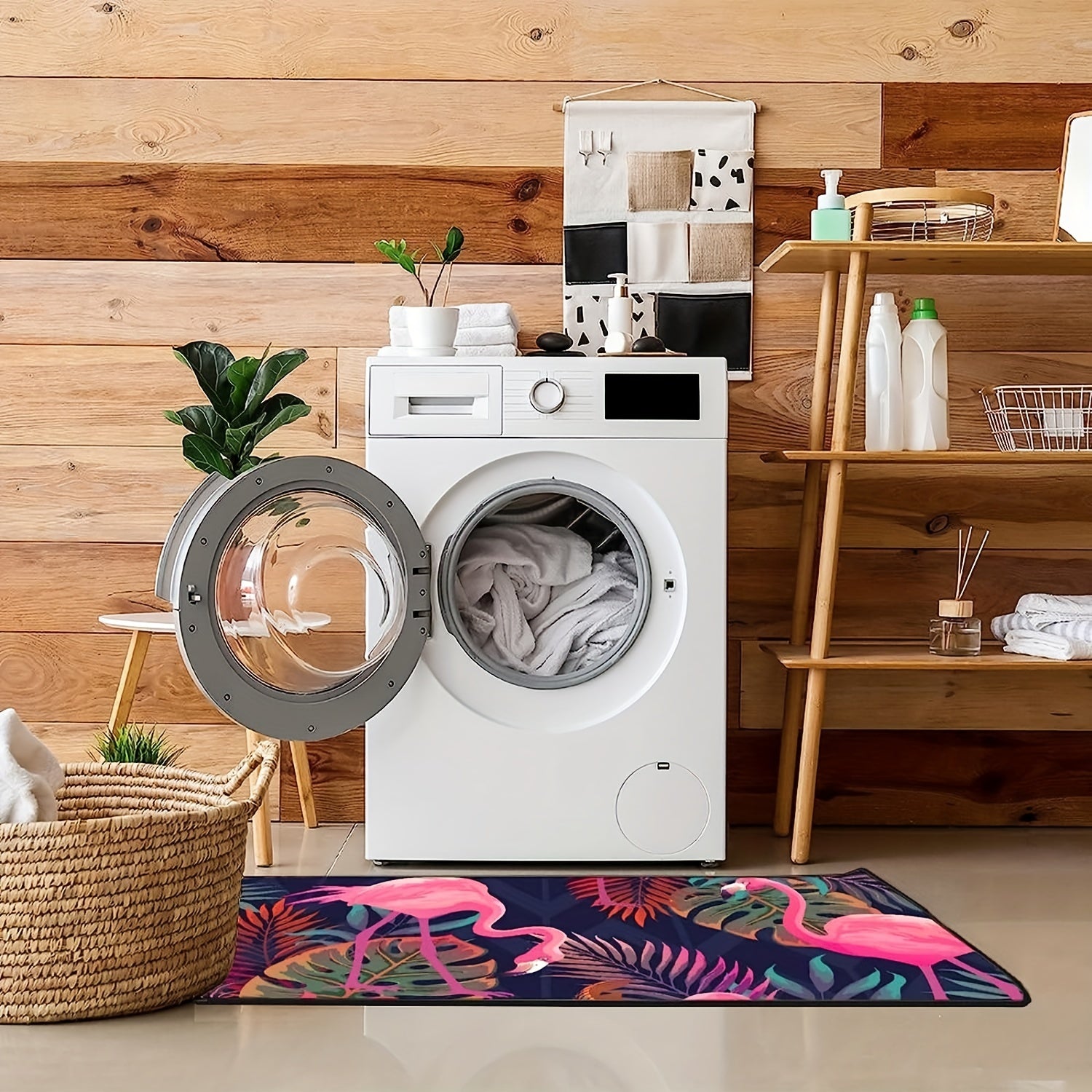 Pink Flamingo Leaf Print Floor Mat Indoor Bathroom Decor