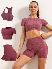 3pcs Solid Workout Yoga Set Racerback Crop Top & High Waist Sports Shorts