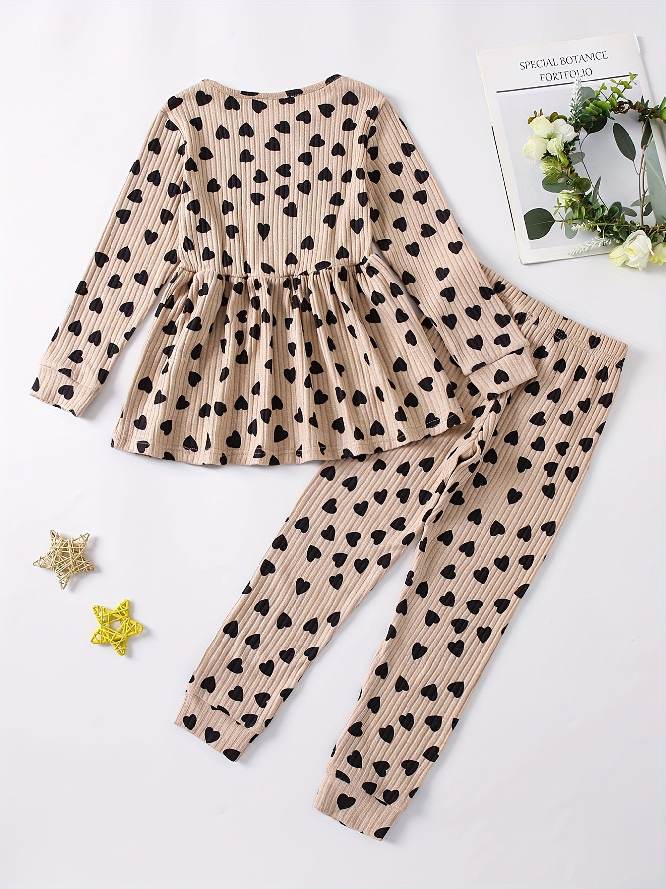 Girls' Love Heart Print 2pcs Long Sleeve Top & Pants Set