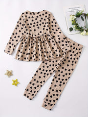 Girls' Love Heart Print 2pcs Long Sleeve Top & Pants Set