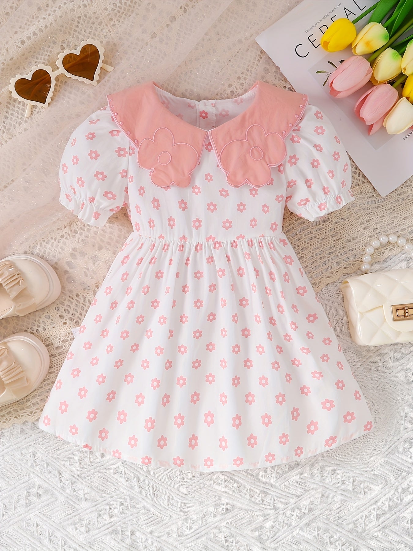 Baby Girls Doll Collar Short Sleeve Dress Floral Print Tunic Dress