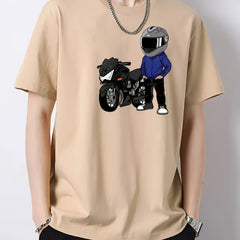 Motorcycle Print Graphic Cotton Crew Neck T-shirt for Men