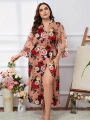 Lace Long Sleeve Robe Open Front Belted Bathrobe