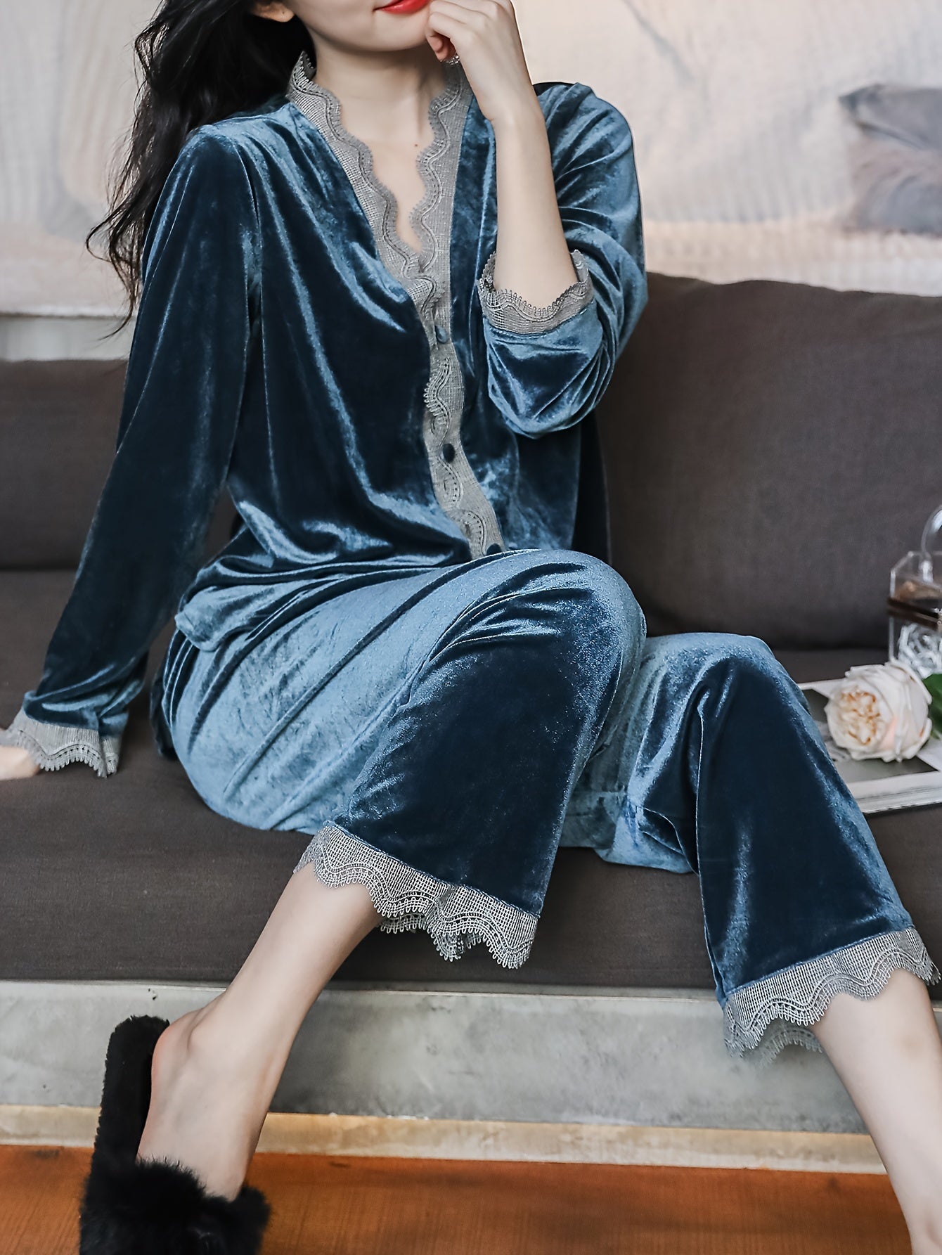 Velvet Pajama Set Lace Trim Long Sleeve Button Top & Elastic Waistband Pants