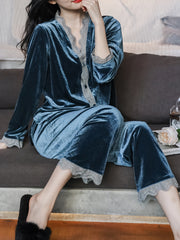 Velvet Pajama Set Lace Trim Long Sleeve Button Top & Elastic Waistband Pants
