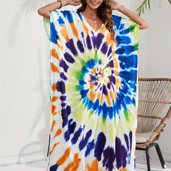 Boho Tie Dye Batwing Sleeve V Neck Kaftan Cover Up Dress
