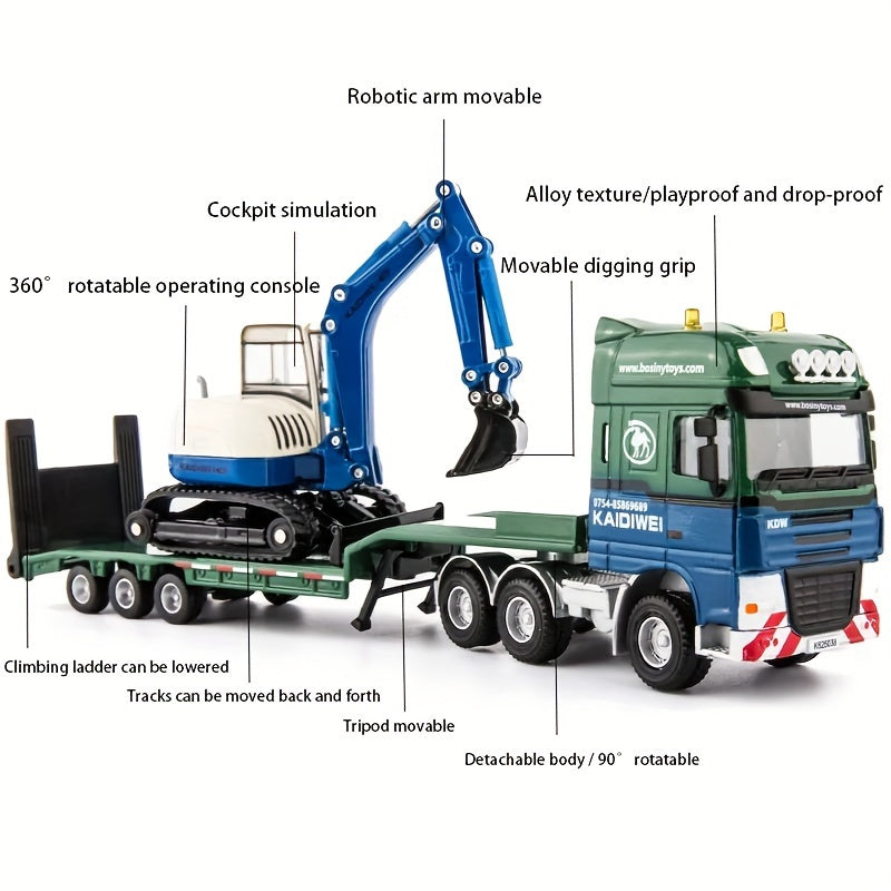 Zinc Alloy Low Loader with Excavator Toy Engineering Vehicle Ornament