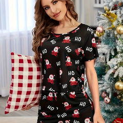 Christmas Santa Print Pajama Set Short Sleeve Top & Shorts Women's Sleepwear