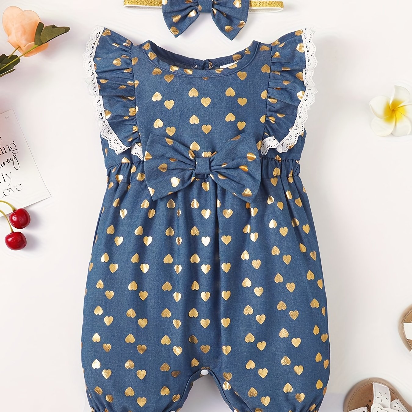 2pcs Baby Girls Heart Print Romper & Headband Set