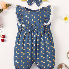 2pcs Baby Girls Heart Print Romper & Headband Set
