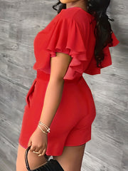 Solid Flutter Sleeve V Neck Crop Top & Shorts Set