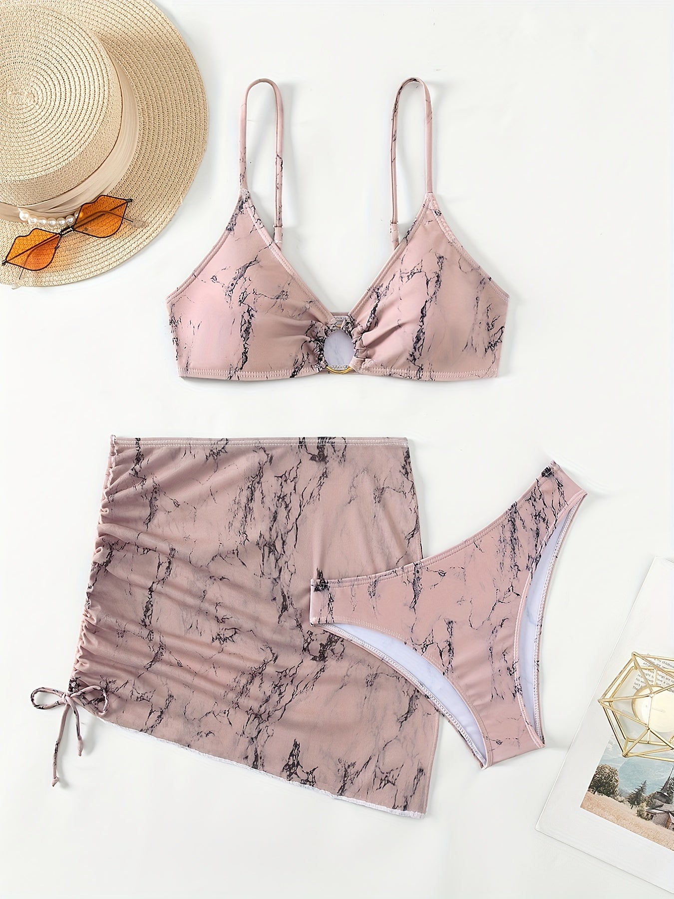 Rock Marks Print Ring Centre Core Bikini Set With Sheer Cover Up