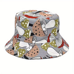 Mushroom Print Reversible Bucket Hat Unisex Outdoor Sun Cartoon Basin Hat