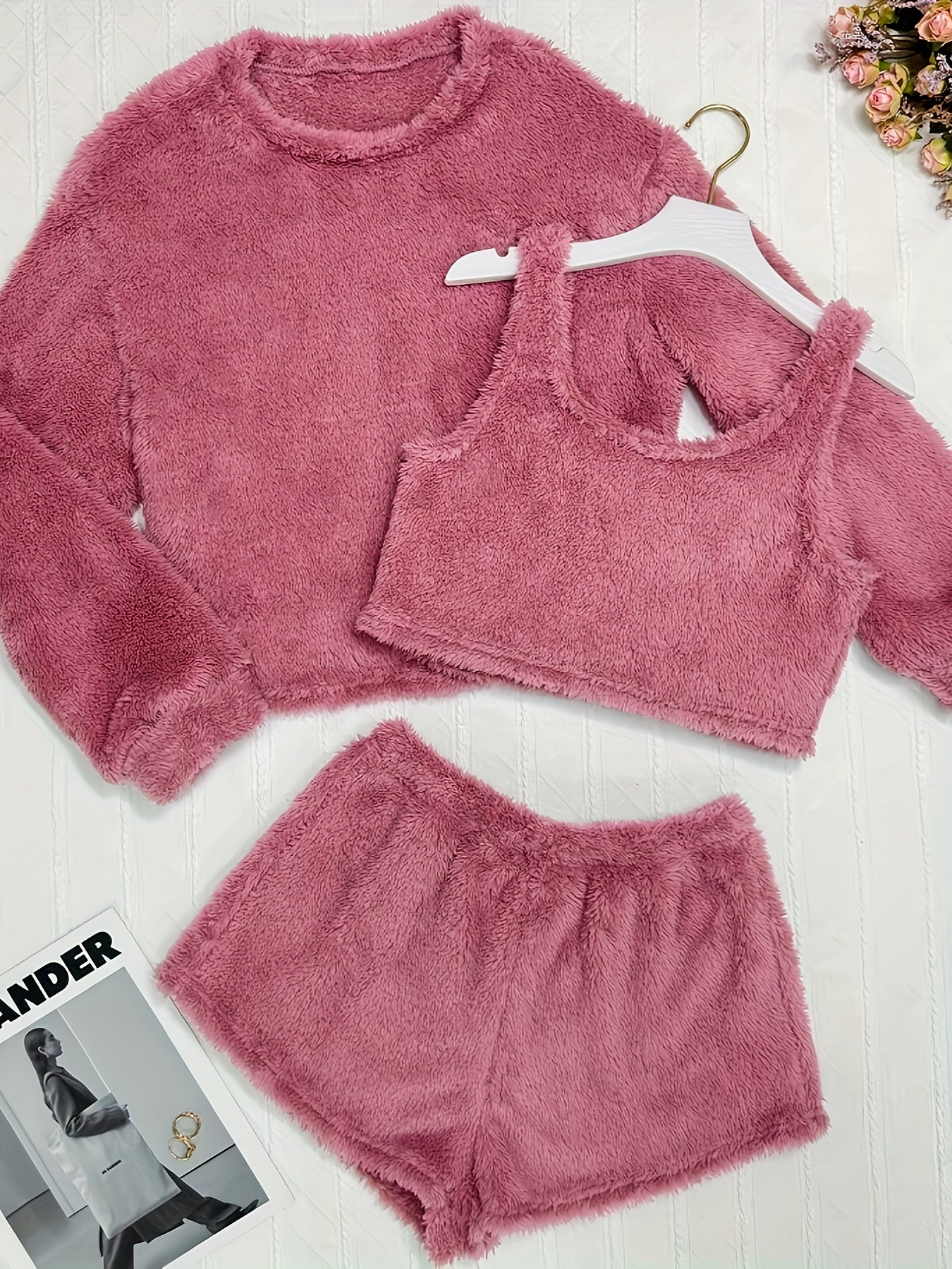 Cozy Fleece Loungewear Set: Long Sleeve Top, Tank Top & Shorts