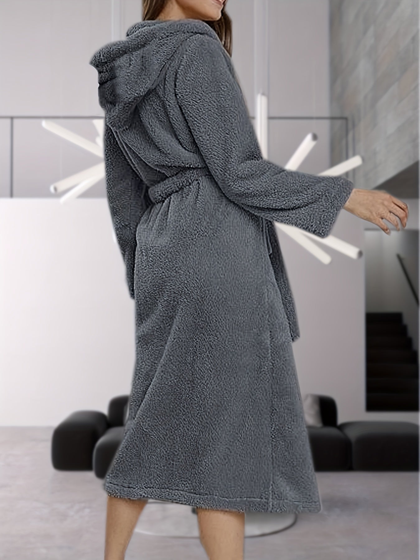 Solid Hooded Fuzzy Fleece Soft Bathrobe With Belt & Pockets
