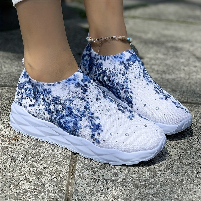 Floral Print Sock Sneakers Rhinestone Slip On Low Top Shoes