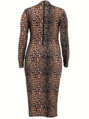 Women's Plus Leopard Print Long Sleeve Mock Neck Maxi Dress