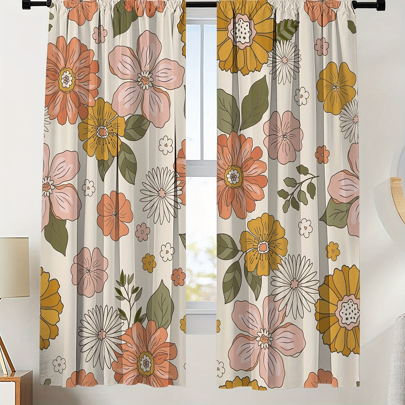 2pcs Romantic Flower Curtain Rod Pocket Window Curtains