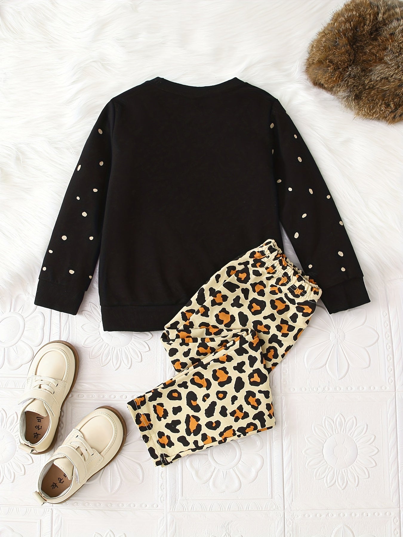 Leopard Pattern Pajamas 2pcs Set Long Sleeve Top & Pants Girl's Loungewear