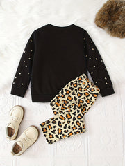 Leopard Pattern Pajamas 2pcs Set Long Sleeve Top & Pants Girl's Loungewear