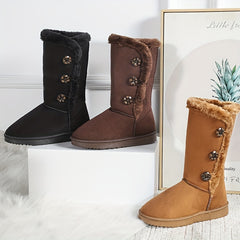 Women's Plush Mid Calf Boots Keep Warm Solid Button Non Slip Flat Snow Boots