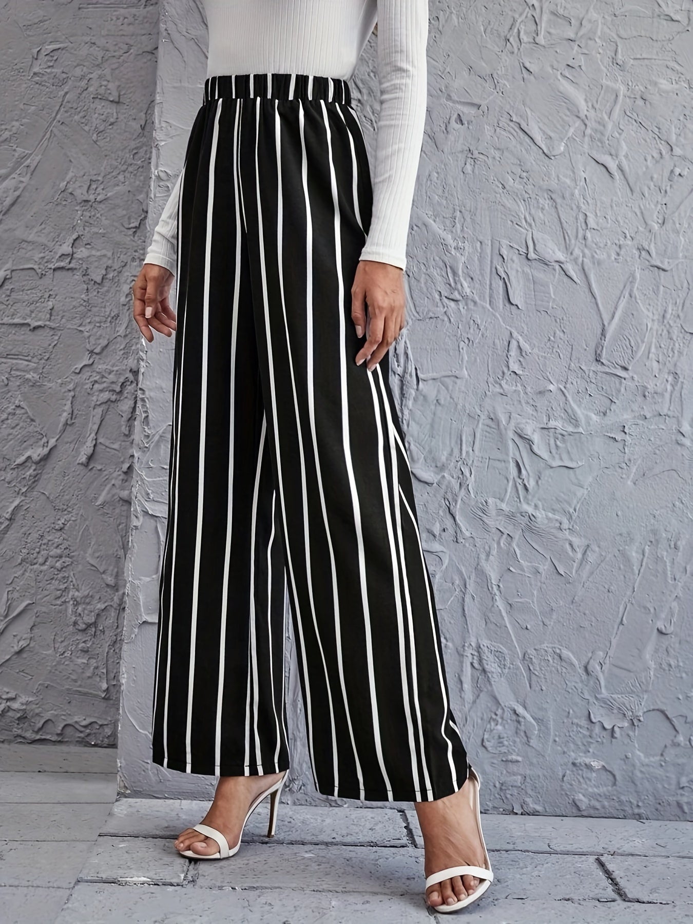 Stripe Print Wide Leg Pants Elastic Waist Casual Every Pants
