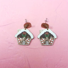 Snowman House Earrings Long Costume Jewelry Holiday Party Accessories
