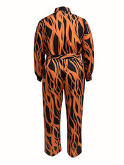 Abstract Striped Print Long Sleeve Belted Jumpsuit Plus Size
