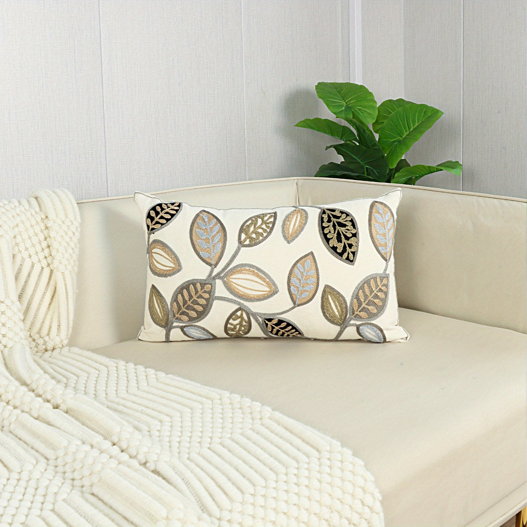 Colorful Leaves and Flowers Embroidered Pillow Cover