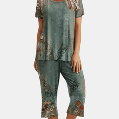 Floral Print 2pc Set Short Sleeve T shirt & Capris Pants Outfit