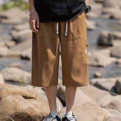 Men's Comfy Drawstring Long Shorts Zipper Pocket Summer Outdoor