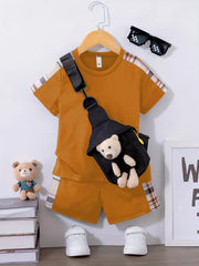 Boys Plaid Print T-shirt Top & Shorts & Bear Bag 3pcs Set