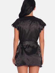 Lace Trim Night Robe V Neck Side Split Robe Women's Sleepwear