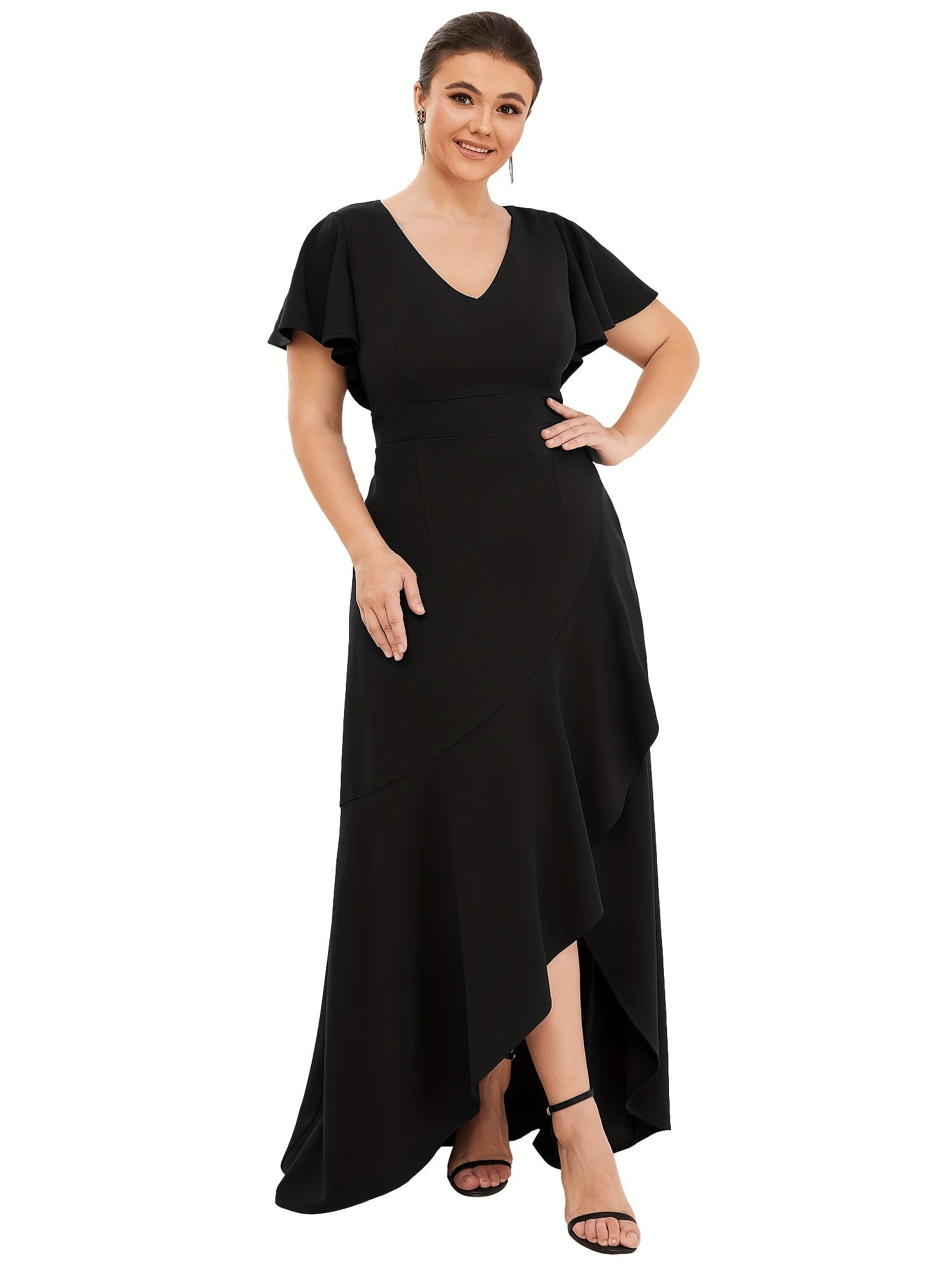Solid Ruffle Trim Cap Sleeve Maxi Dress Women's Plus Medium