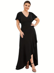 Solid Ruffle Trim Cap Sleeve Maxi Dress Women's Plus Medium
